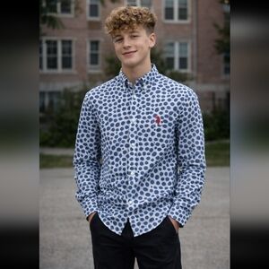 U.S. Polo Assn. Kid's Button Up Navy Polka Dot Shirt Size L 14 To 16 Years